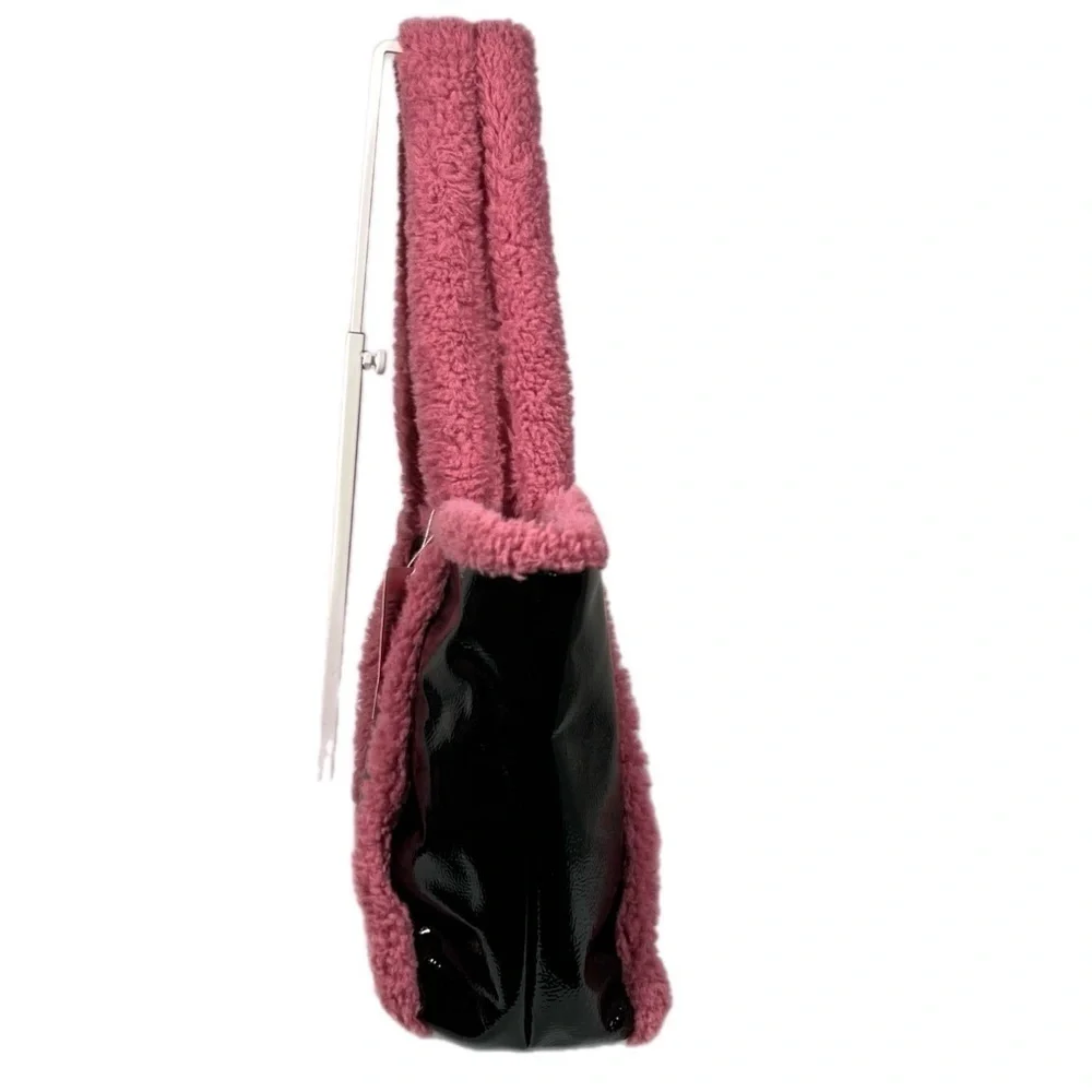 Skinny Dip | Alexa Tote Bag Black Patent Vegan Leather Pink Sherpa Trim